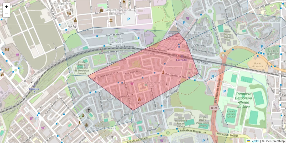 Mapa detalhado do código postal 2830-040 com limites, códigos postais vizinhos e agências dos correios