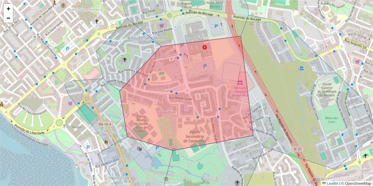 Mapa detalhado do código postal 2830-048 com limites, códigos postais vizinhos e agências dos correios