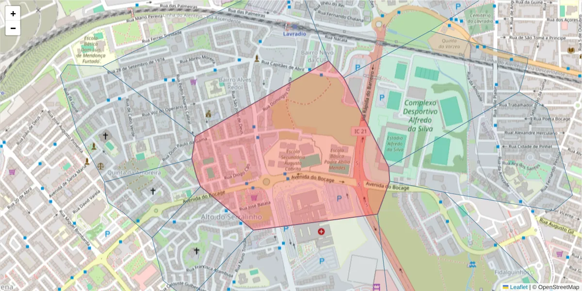 Mapa detalhado do código postal 2830-066 com limites, códigos postais vizinhos e agências dos correios