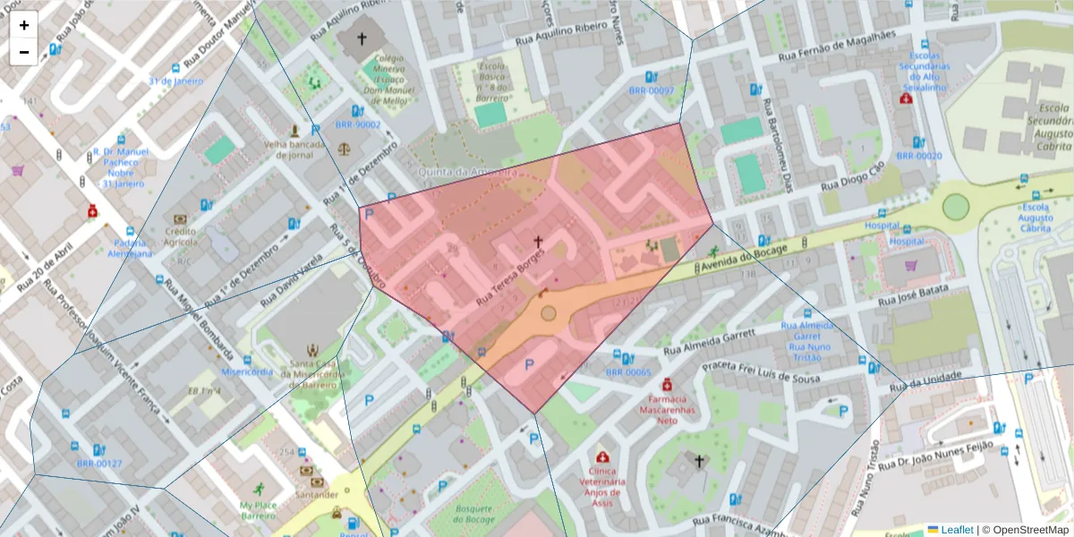 Mapa detalhado do código postal 2830-106 com limites, códigos postais vizinhos e agências dos correios