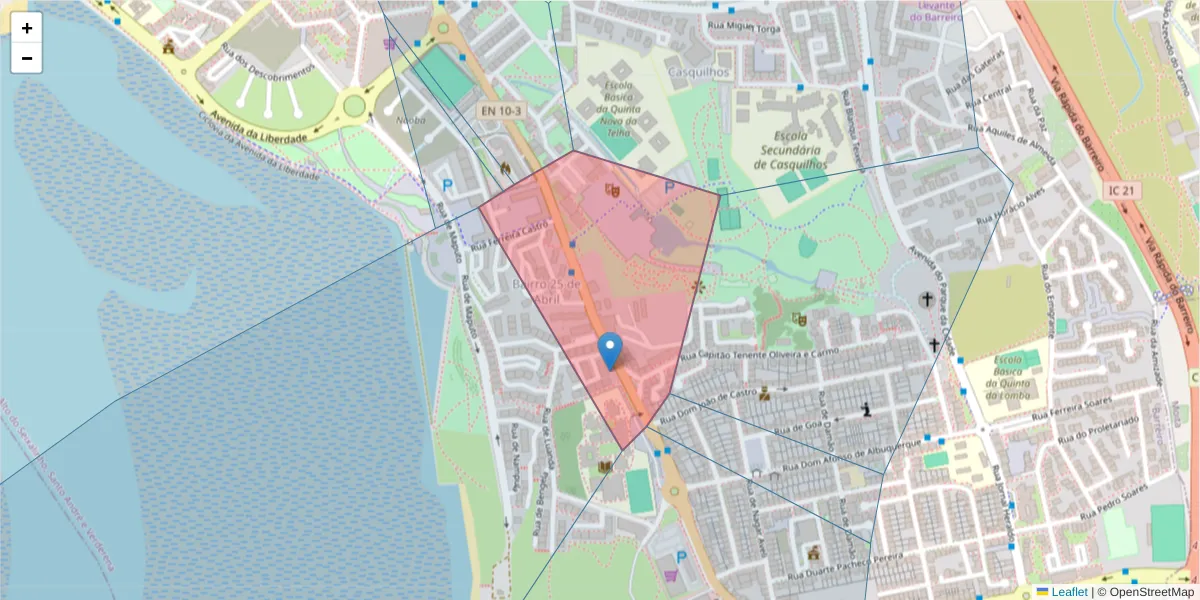 Mapa detalhado do código postal 2830-166 com limites, códigos postais vizinhos e agências dos correios