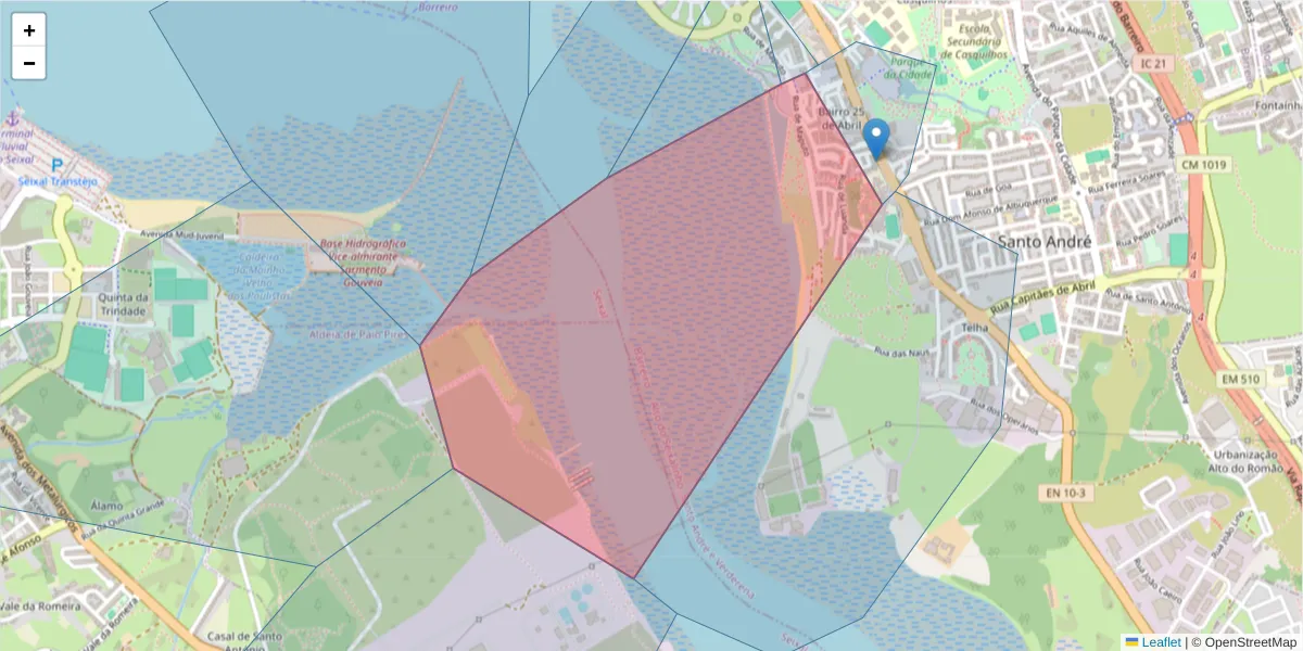 Mapa detalhado do código postal 2830-169 com limites, códigos postais vizinhos e agências dos correios