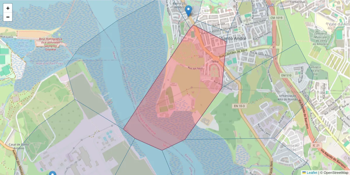 Mapa detalhado do código postal 2830-178 com limites, códigos postais vizinhos e agências dos correios