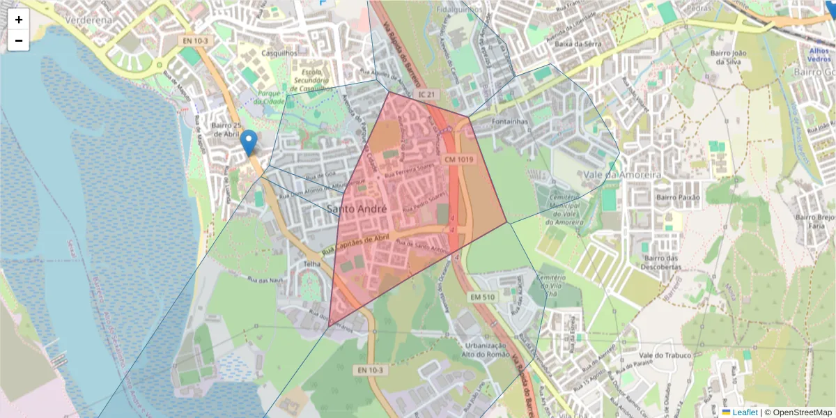 Mapa detalhado do código postal 2830-195 com limites, códigos postais vizinhos e agências dos correios
