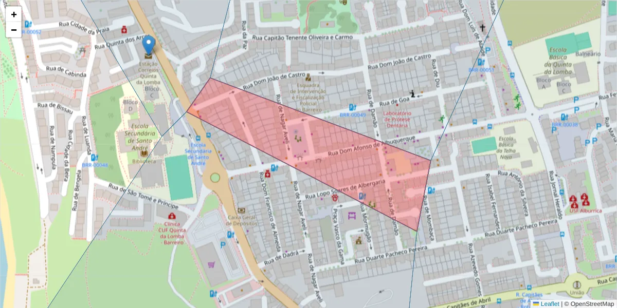 Mapa detalhado do código postal 2830-200 com limites, códigos postais vizinhos e agências dos correios