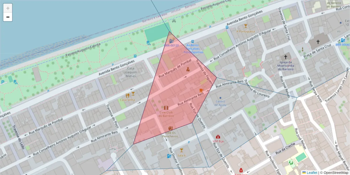 Mapa detalhado do código postal 2830-236 com limites, códigos postais vizinhos e agências dos correios