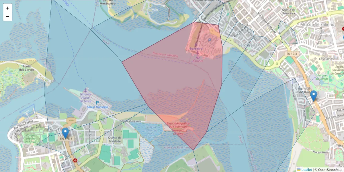 Mapa detalhado do código postal 2830-245 com limites, códigos postais vizinhos e agências dos correios