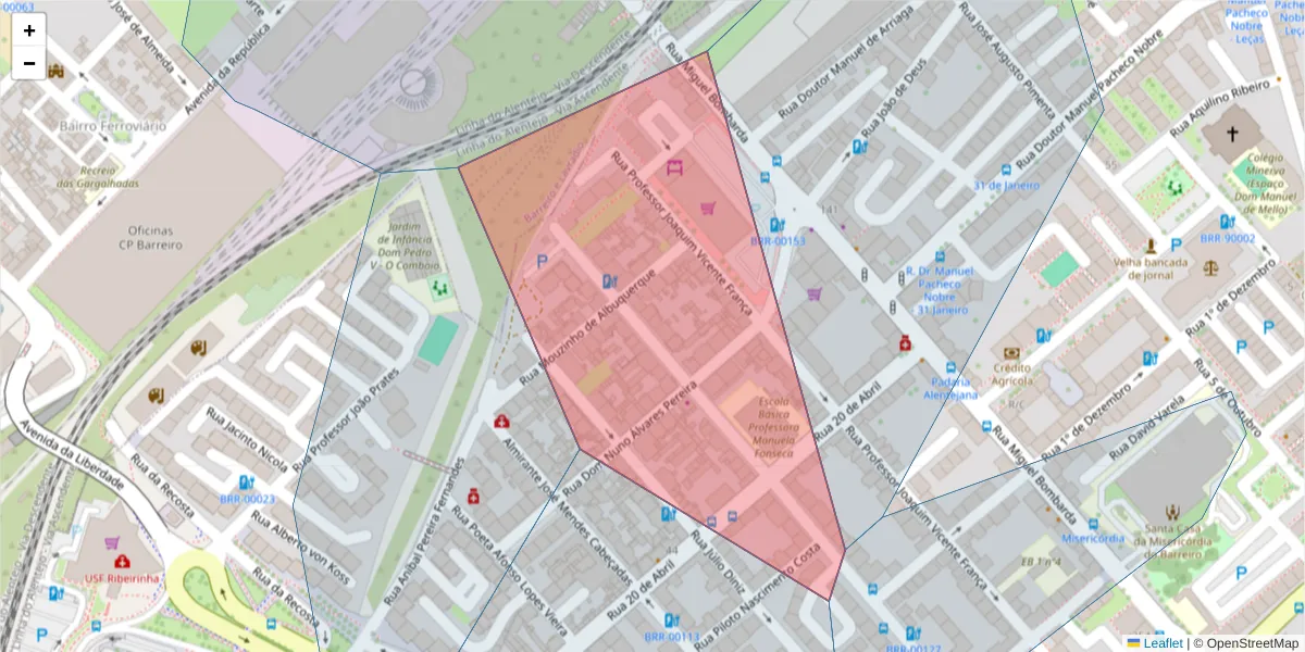 Mapa detalhado do código postal 2830-247 com limites, códigos postais vizinhos e agências dos correios