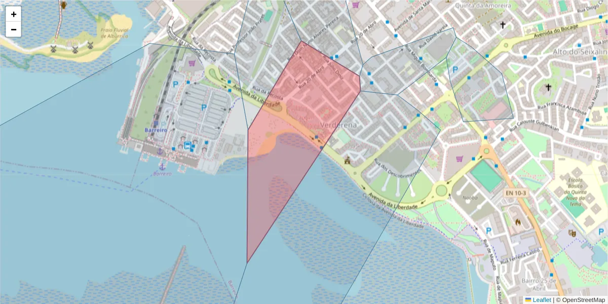 Mapa detalhado do código postal 2830-272 com limites, códigos postais vizinhos e agências dos correios
