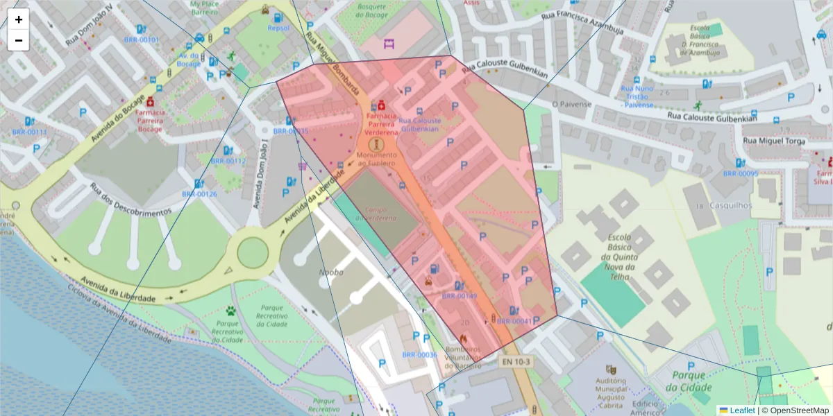 Mapa detalhado do código postal 2830-276 com limites, códigos postais vizinhos e agências dos correios