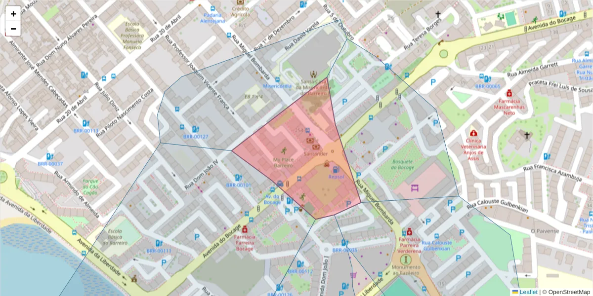 Mapa detalhado do código postal 2830-289 com limites, códigos postais vizinhos e agências dos correios