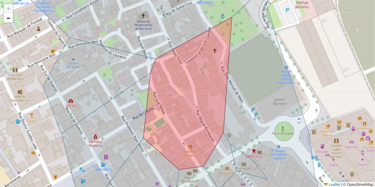 Mapa detalhado do código postal 2830-301 com limites, códigos postais vizinhos e agências dos correios