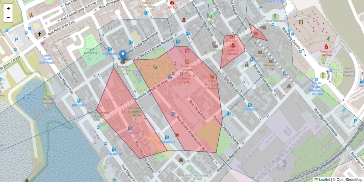 Mapa detalhado do código postal 2830-302 com limites, códigos postais vizinhos e agências dos correios