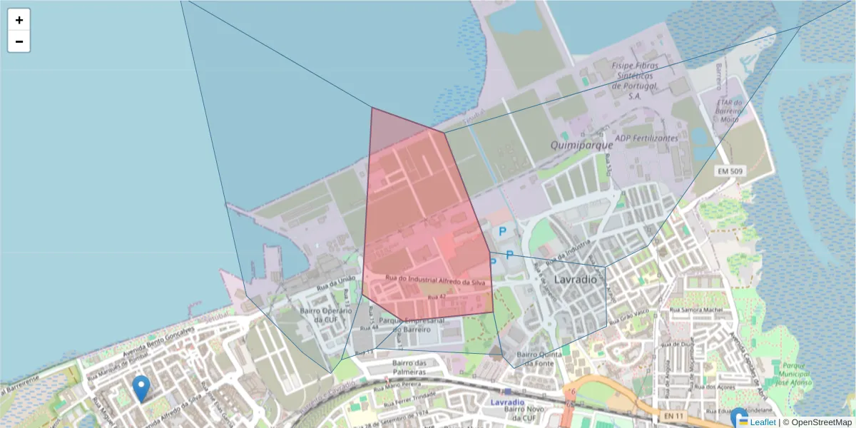 Mapa detalhado do código postal 2830-314 com limites, códigos postais vizinhos e agências dos correios