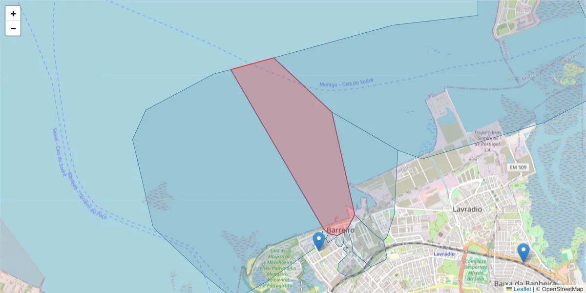 Mapa detalhado do código postal 2830-333 com limites, códigos postais vizinhos e agências dos correios