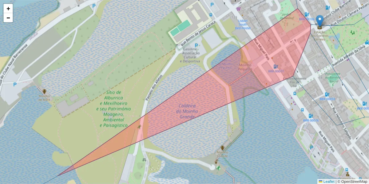 Mapa detalhado do código postal 2830-335 com limites, códigos postais vizinhos e agências dos correios