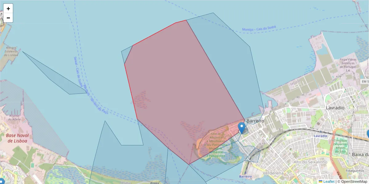 Mapa detalhado do código postal 2830-336 com limites, códigos postais vizinhos e agências dos correios