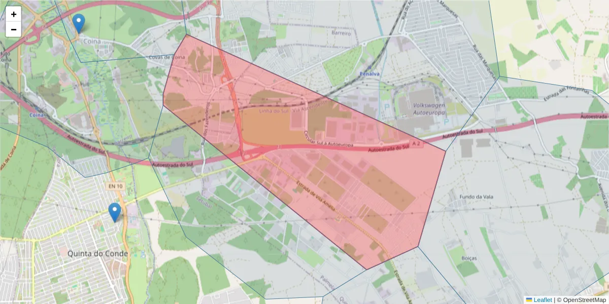 Mapa detalhado do código postal 2830-417 com limites, códigos postais vizinhos e agências dos correios