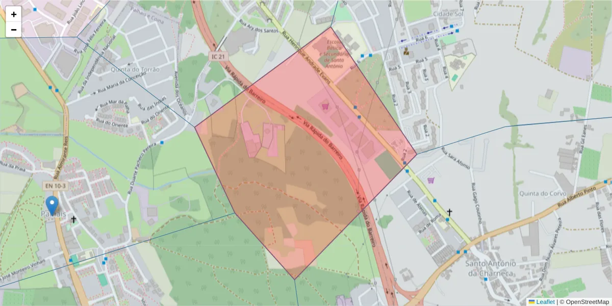 Mapa detalhado do código postal 2830-490 com limites, códigos postais vizinhos e agências dos correios