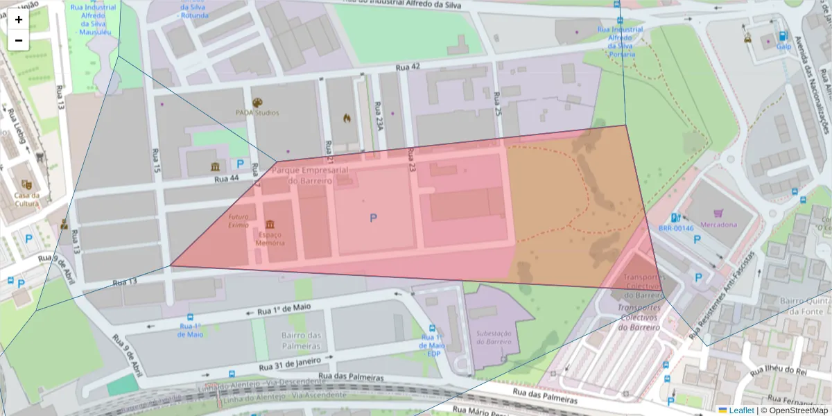 Mapa detalhado do código postal 2830-571 com limites, códigos postais vizinhos e agências dos correios