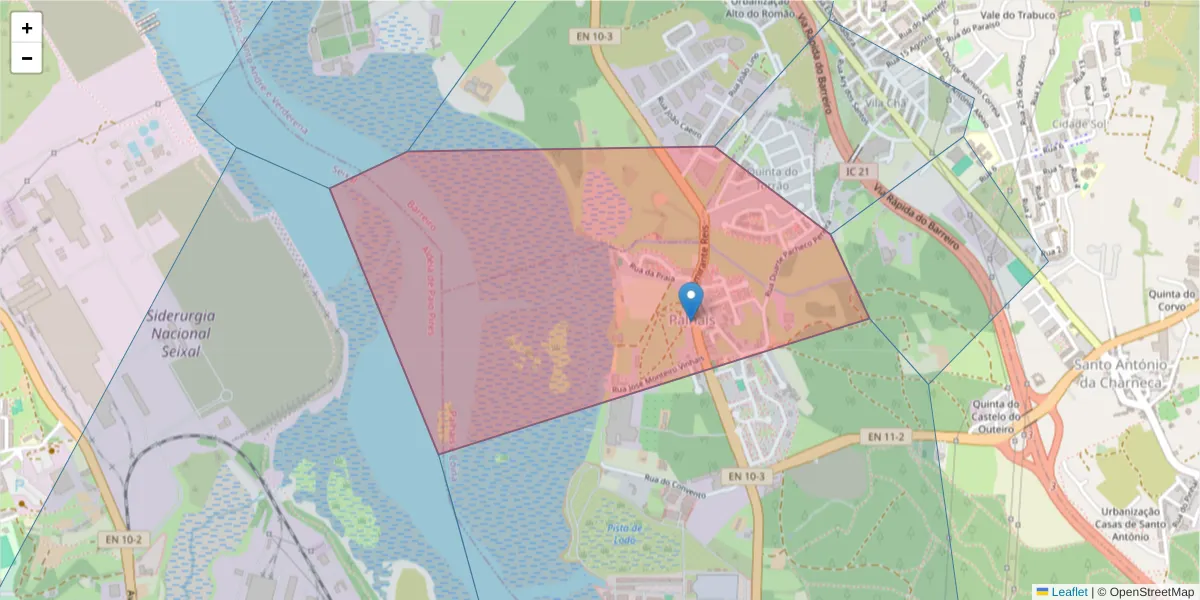 Mapa detalhado do código postal 2830-585 com limites, códigos postais vizinhos e agências dos correios