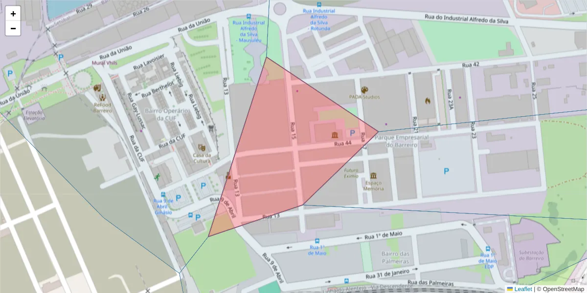 Mapa detalhado do código postal 2830-904 com limites, códigos postais vizinhos e agências dos correios