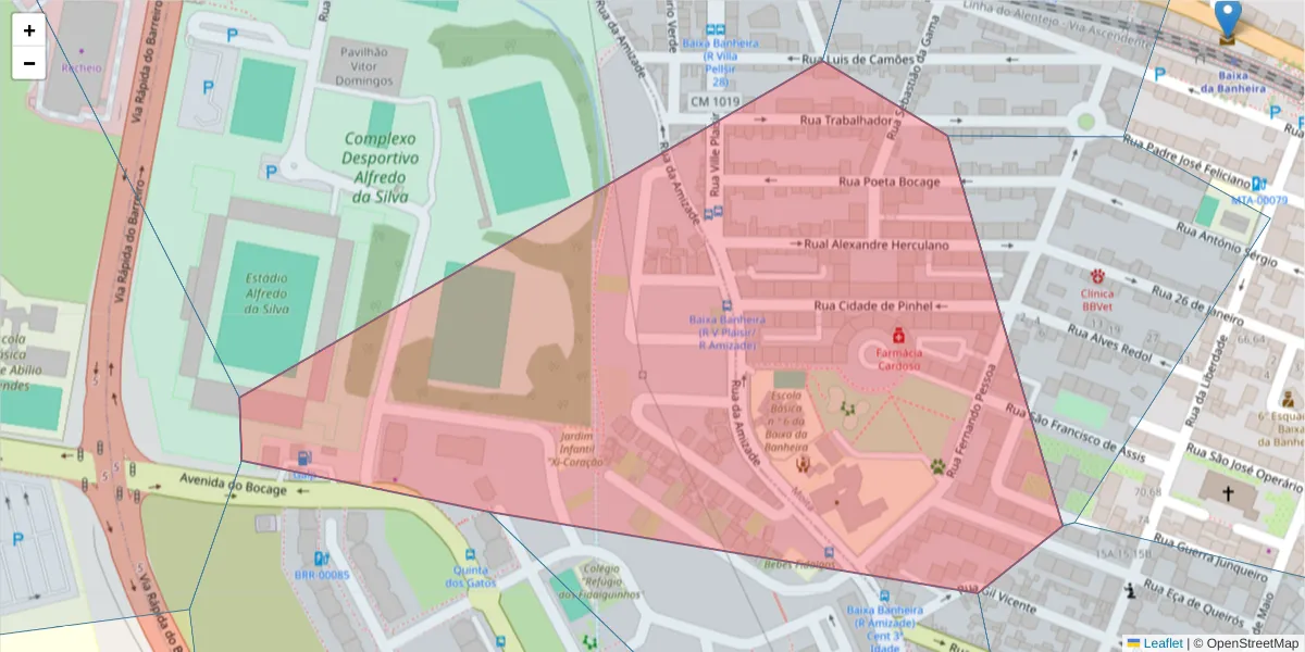 Mapa detalhado do código postal 2835-041 com limites, códigos postais vizinhos e agências dos correios