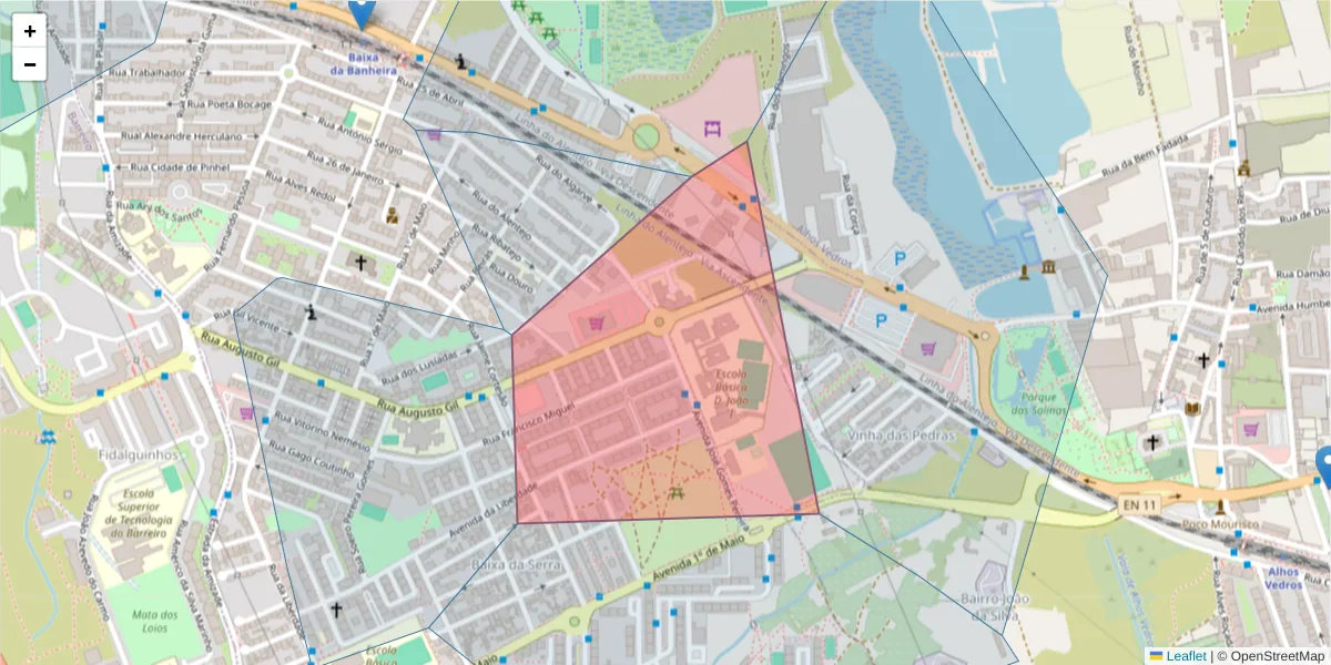 Mapa detalhado do código postal 2835-114 com limites, códigos postais vizinhos e agências dos correios