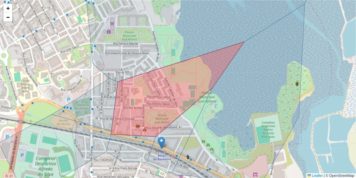 Mapa detalhado do código postal 2835-116 com limites, códigos postais vizinhos e agências dos correios