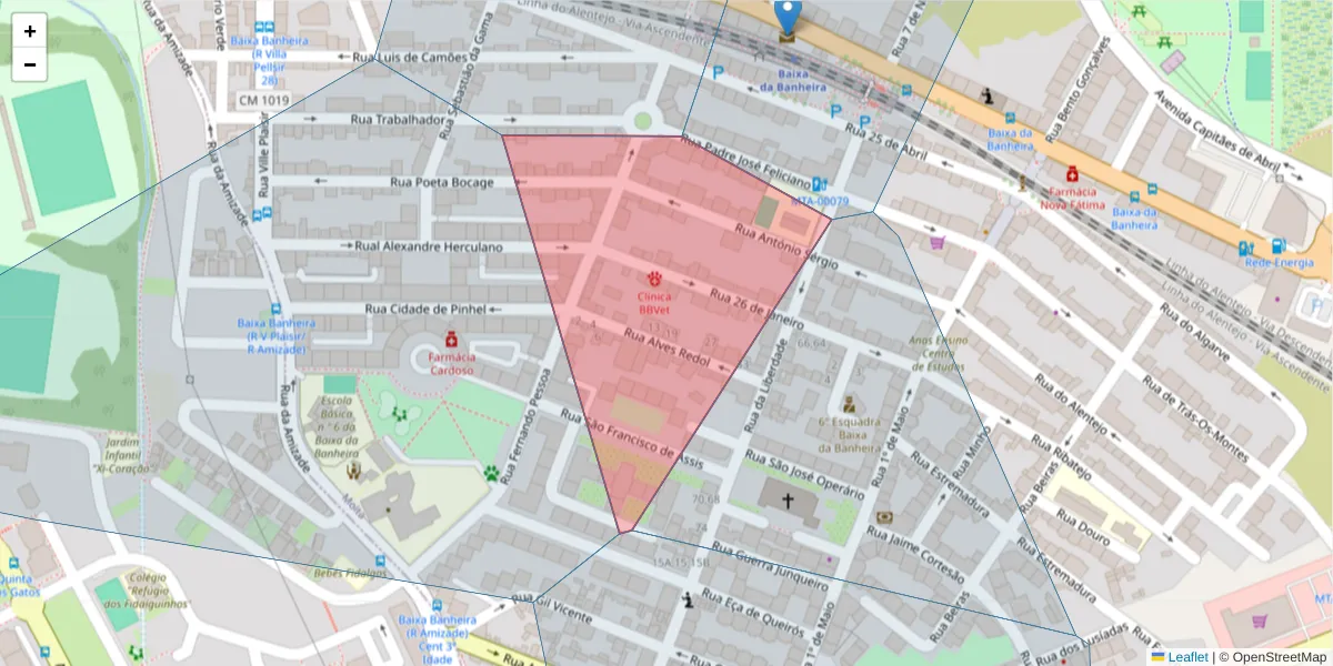 Mapa detalhado do código postal 2835-169 com limites, códigos postais vizinhos e agências dos correios