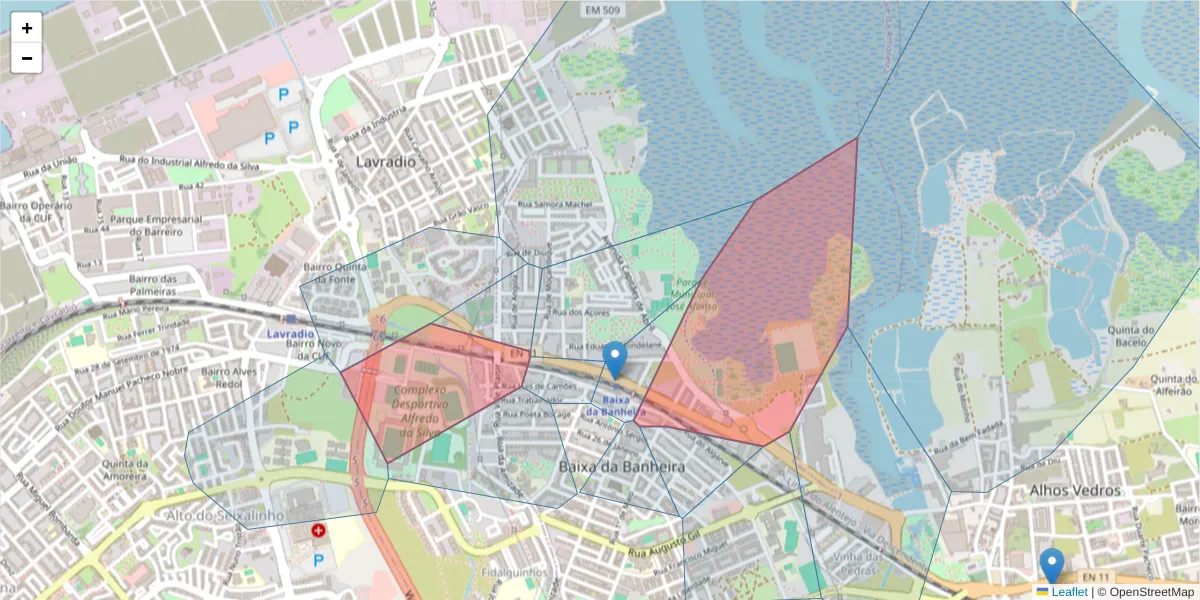 Mapa detalhado do código postal 2835-175 com limites, códigos postais vizinhos e agências dos correios