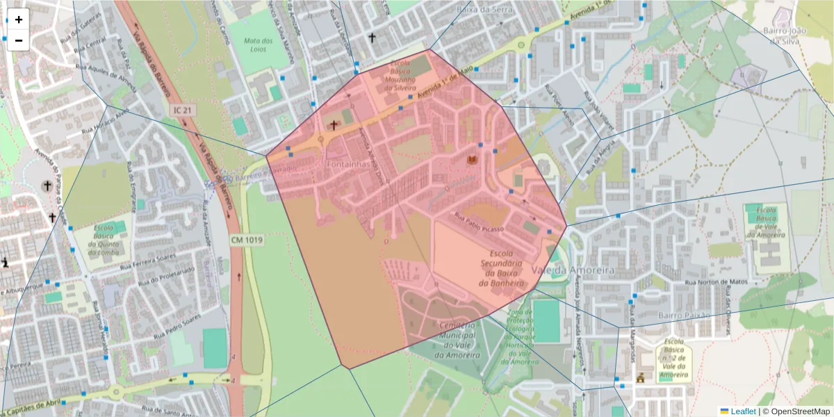 Mapa detalhado do código postal 2835-231 com limites, códigos postais vizinhos e agências dos correios