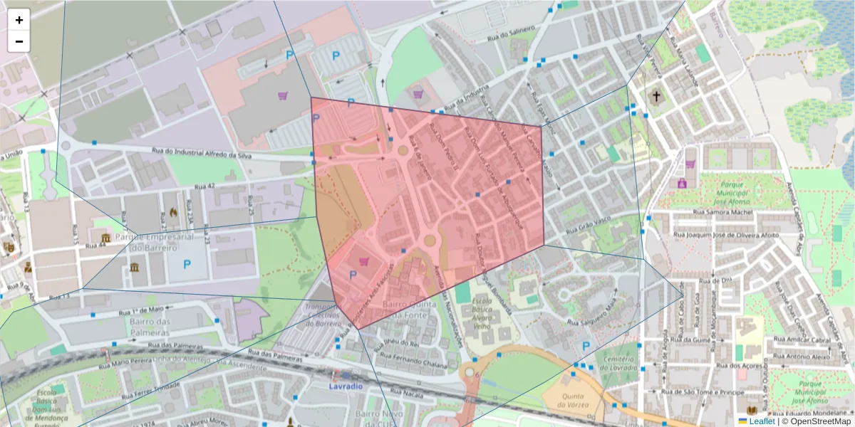 Mapa detalhado do código postal 2835-373 com limites, códigos postais vizinhos e agências dos correios