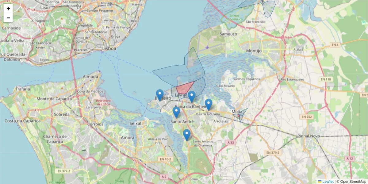 Mapa detalhado do código postal 2835-423 com limites, códigos postais vizinhos e agências dos correios