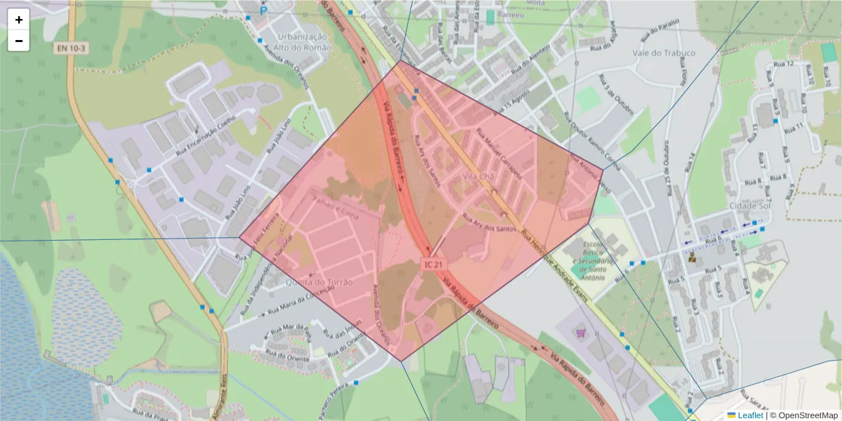 Mapa detalhado do código postal 2835-463 com limites, códigos postais vizinhos e agências dos correios