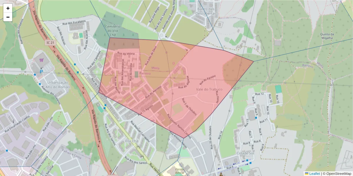 Mapa detalhado do código postal 2835-465 com limites, códigos postais vizinhos e agências dos correios