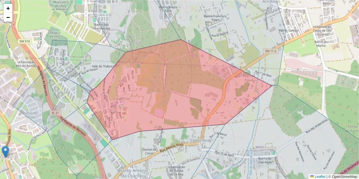 Mapa detalhado do código postal 2835-511 com limites, códigos postais vizinhos e agências dos correios