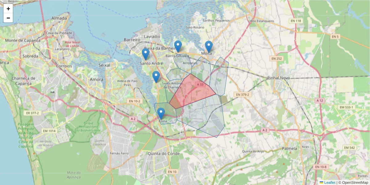 Mapa detalhado do código postal 2835-553 com limites, códigos postais vizinhos e agências dos correios