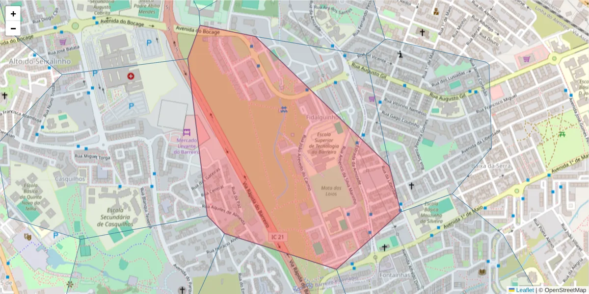Mapa detalhado do código postal 2835-801 com limites, códigos postais vizinhos e agências dos correios