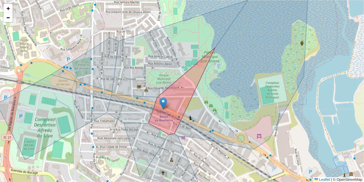 Mapa detalhado do código postal 2835-999 com limites, códigos postais vizinhos e agências dos correios