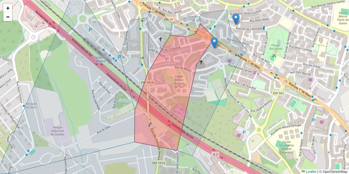 Mapa detalhado do código postal 284-054 com limites, códigos postais vizinhos e agências dos correios