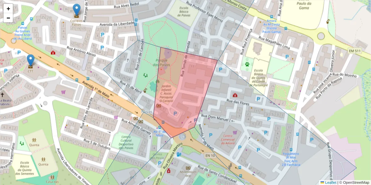 Mapa detalhado do código postal 2840-002 com limites, códigos postais vizinhos e agências dos correios