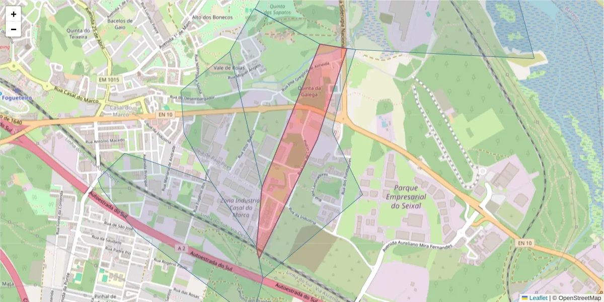 Mapa detalhado do código postal 2840-009 com limites, códigos postais vizinhos e agências dos correios