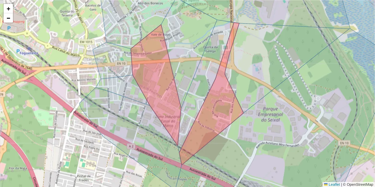 Mapa detalhado do código postal 2840-014 com limites, códigos postais vizinhos e agências dos correios