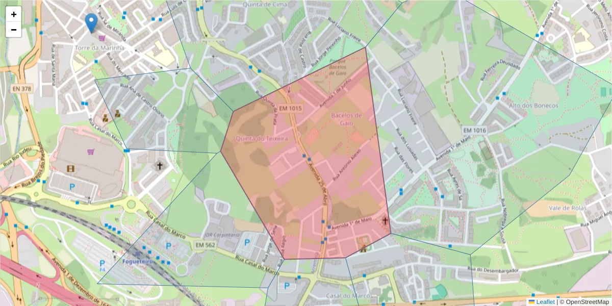 Mapa detalhado do código postal 2840-015 com limites, códigos postais vizinhos e agências dos correios
