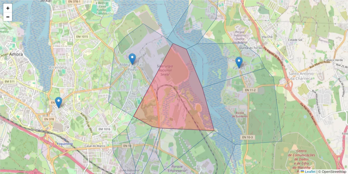 Mapa detalhado do código postal 2840-075 com limites, códigos postais vizinhos e agências dos correios