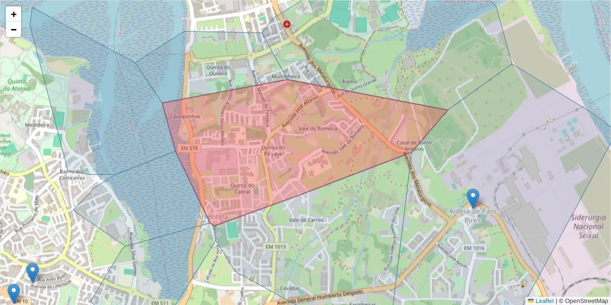 Mapa detalhado do código postal 2840-143 com limites, códigos postais vizinhos e agências dos correios