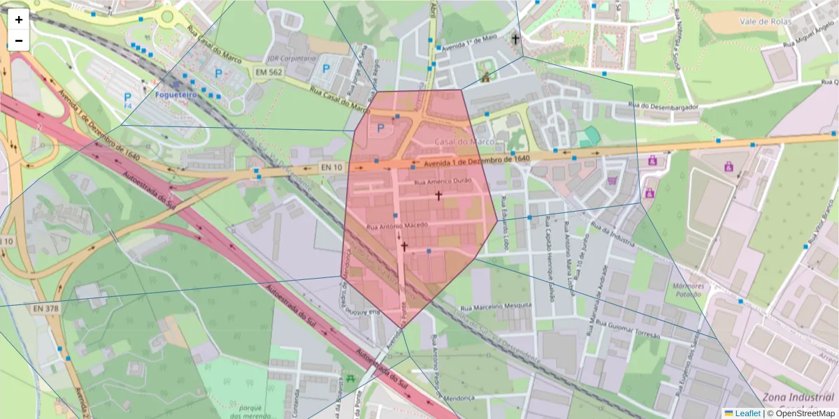 Mapa detalhado do código postal 2840-166 com limites, códigos postais vizinhos e agências dos correios