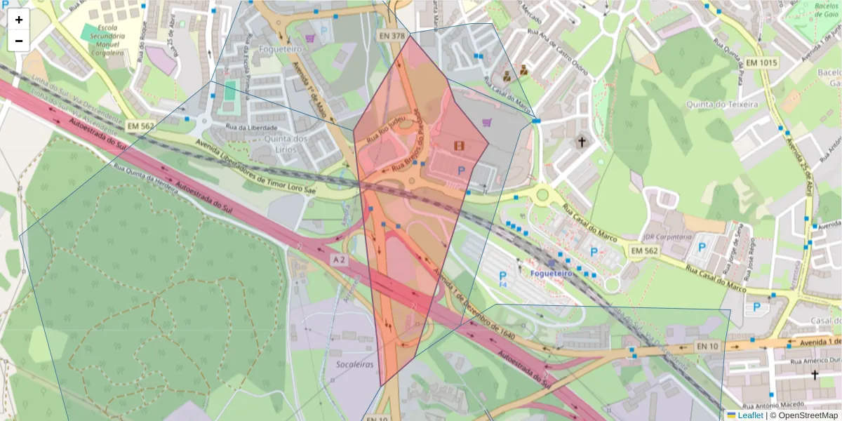 Mapa detalhado do código postal 2840-168 com limites, códigos postais vizinhos e agências dos correios