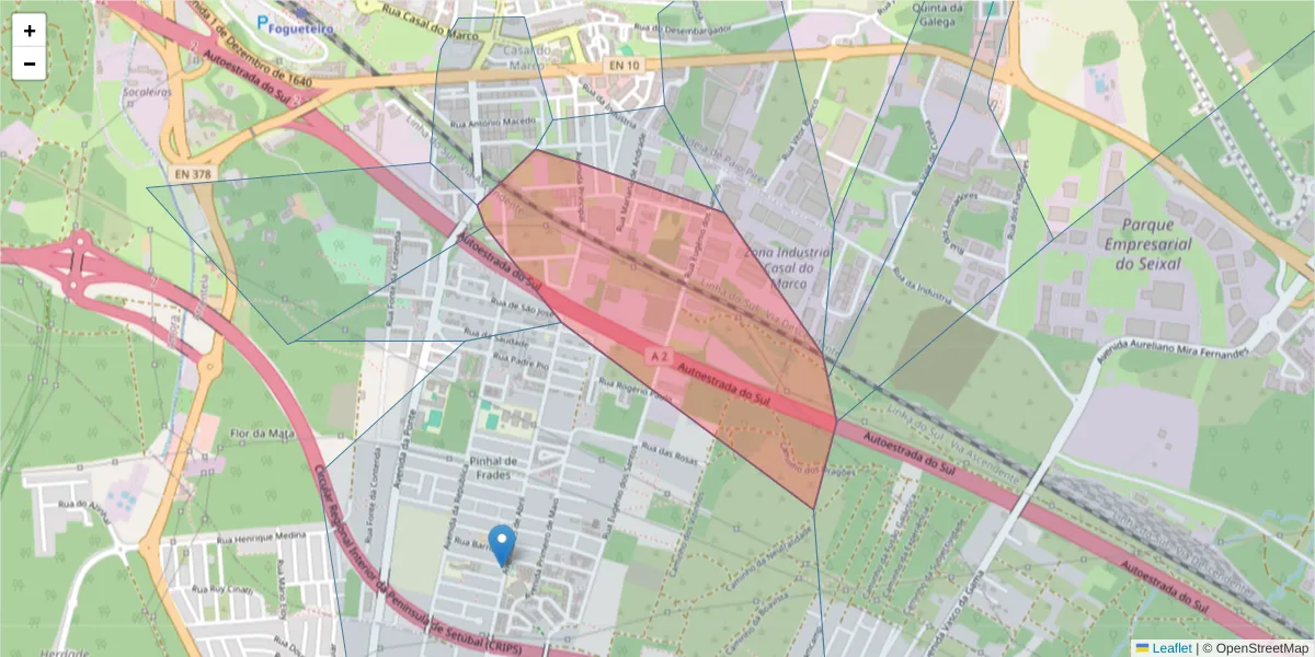 Mapa detalhado do código postal 2840-169 com limites, códigos postais vizinhos e agências dos correios